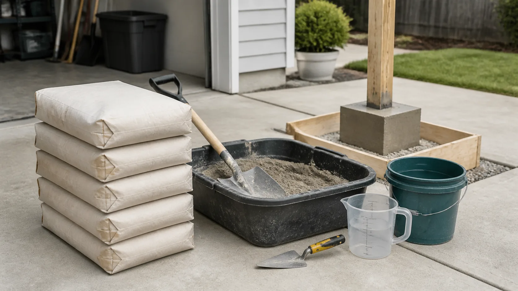 Unbranded concrete bags, mixing tub, shovel, and water bucket for a small project