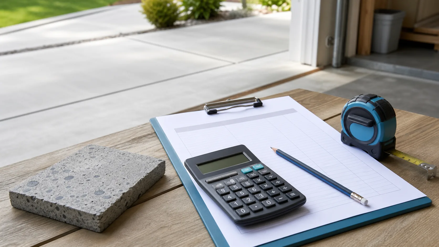 Concrete cost planning setup with calculator, measuring tape, clipboard, and concrete sample