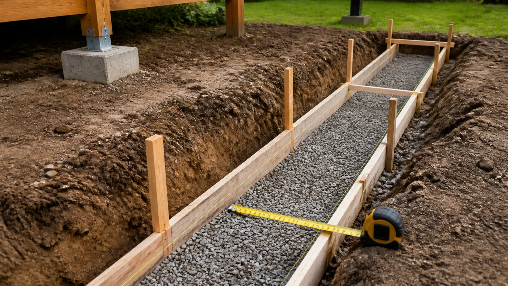 Rectangular footing trench with wood forms, gravel base, and measuring tape