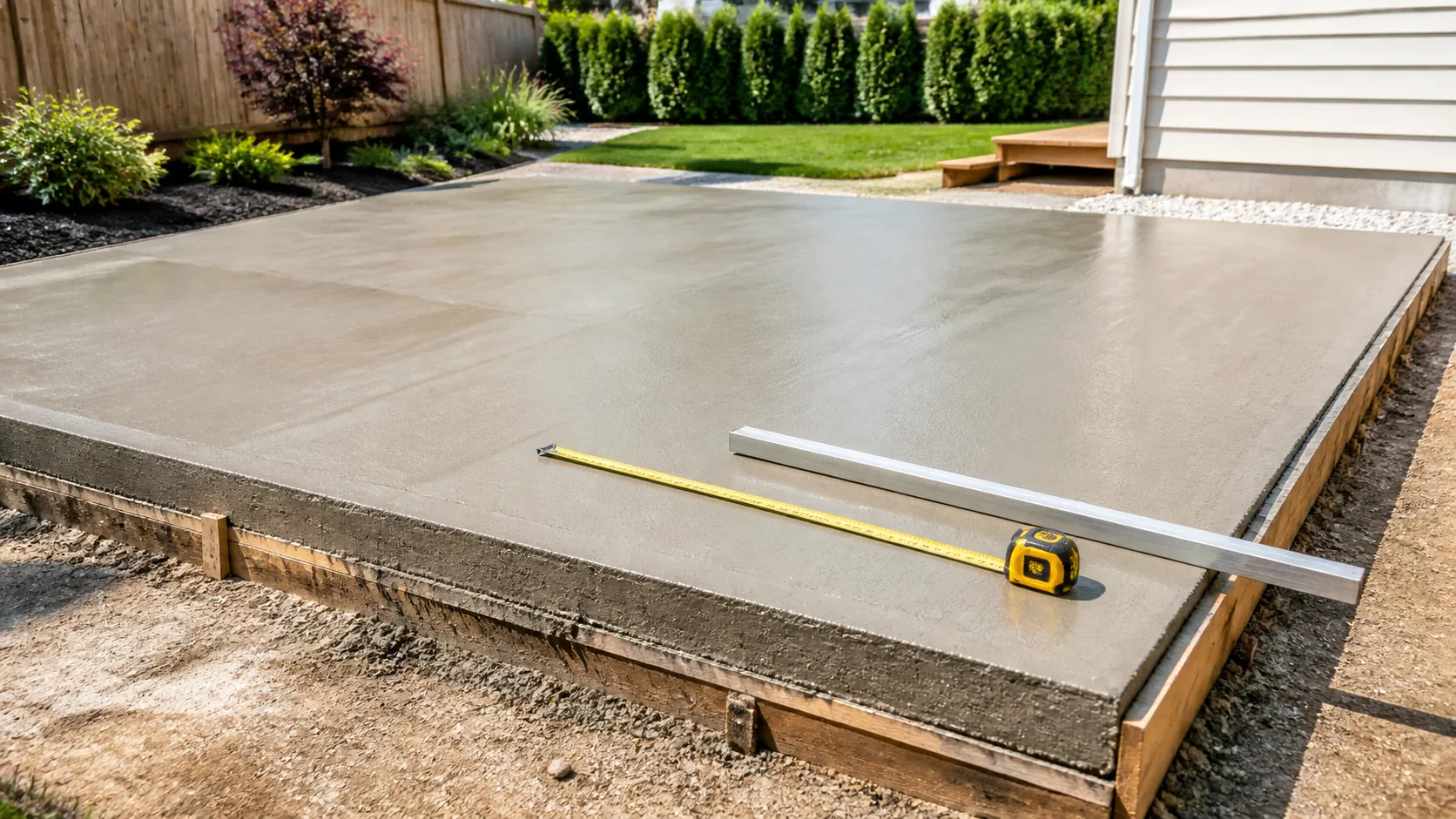 Concrete slab project with measuring tape and straight edge